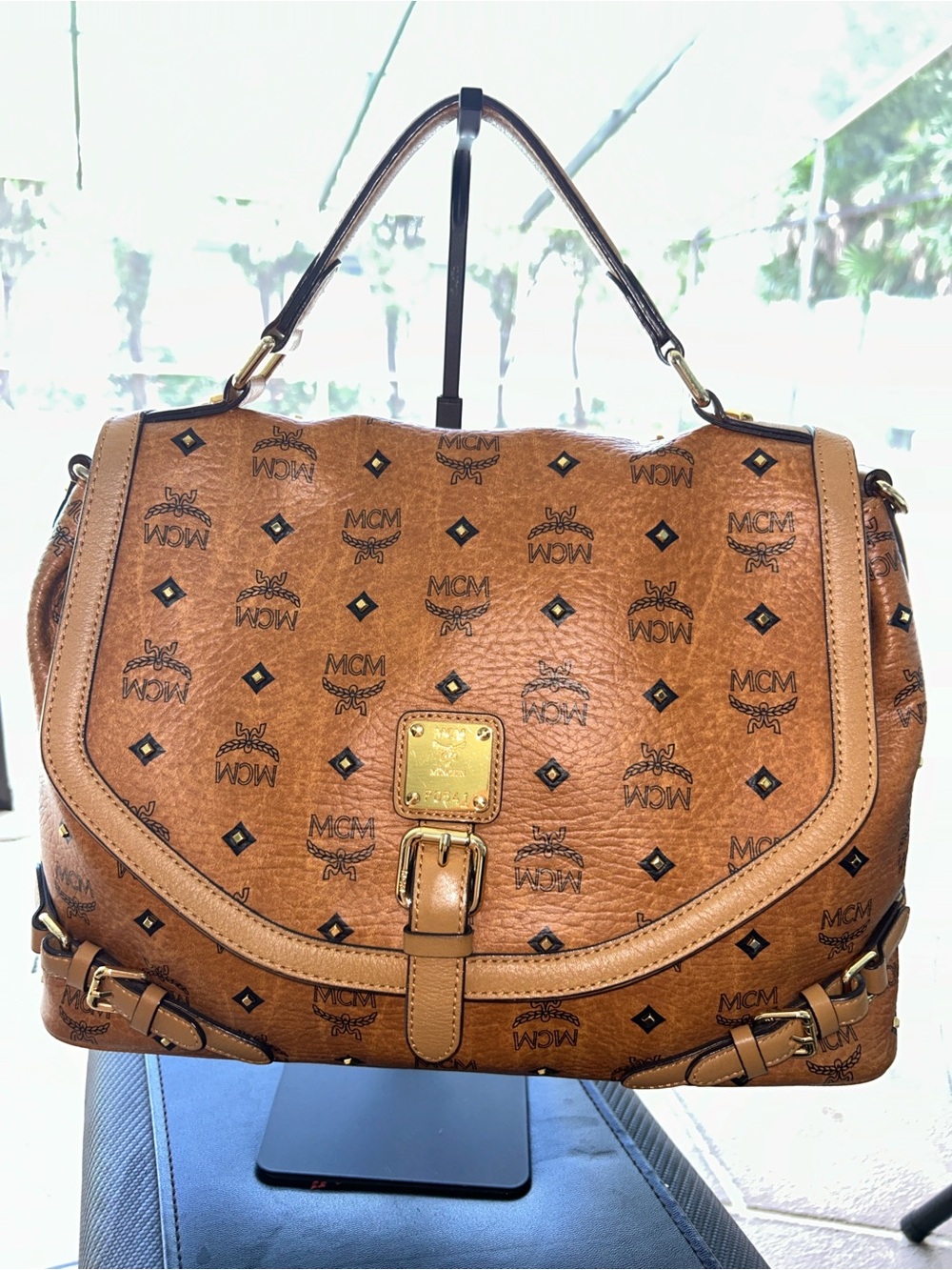 MCM Cognac Visetos Monogram Top-Handle Shoulder Bag